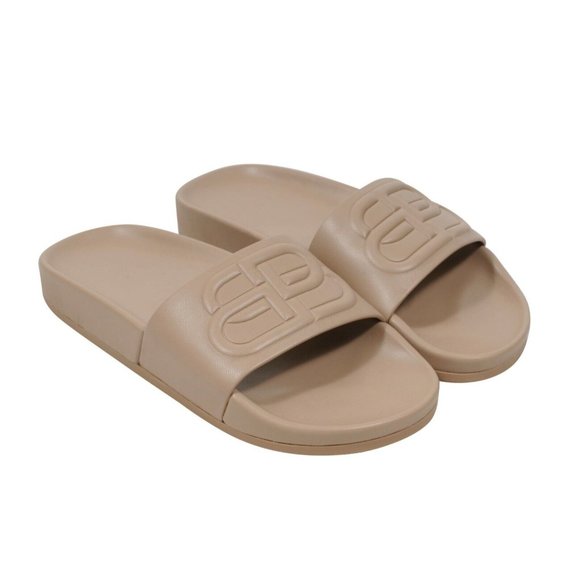 Balenciaga Womens BB Logo Sandals US 5 EU 35 Tan Leather Pool Slides Flip Flops - Picture 1 of 9